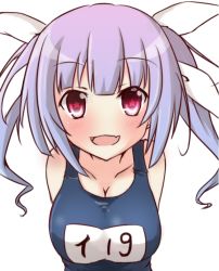 Rule 34 | 10s, 1girl, :d, arms behind back, blue hair, blush, breasts, close-up, collarbone, fang, hair ribbon, i-19 (kancolle), kantai collection, leaning forward, looking at viewer, name tag, nanase-san (honey be), one-piece swimsuit, open mouth, red eyes, ribbon, school swimsuit, simple background, smile, solo, star-shaped pupils, star (symbol), swimsuit, symbol-shaped pupils, twintails, upper body, white background