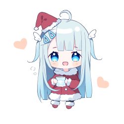 Rule 34 | 1girl, :d, ahoge, amatsuka uto, black pantyhose, blue eyes, blue hair, blush stickers, chibi, christmas, commentary, deyui, dress, english commentary, full body, fur-trimmed dress, fur-trimmed headwear, fur-trimmed sleeves, fur trim, hair ornament, hairclip, hat, heart, highres, holding, indie virtual youtuber, long hair, long sleeves, looking at viewer, mini hat, mini santa hat, open mouth, pantyhose, red footwear, red hat, santa costume, santa hat, simple background, smile, solo, standing, tilted headwear, two side up, very long hair, virtual youtuber, white background