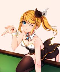 Rule 34 | 1girl, black nails, black shorts, black thighhighs, blonde hair, blue eyes, bow, breasts, choker, cleavage, collarbone, hair bow, hair ornament, hairclip, highres, inu8neko, kagamine rin, long hair, looking at viewer, nail polish, on one knee, parted bangs, shiny skin, short shorts, shorts, side ponytail, sleeveless, small breasts, solo, strapless, thighhighs, vocaloid, white background