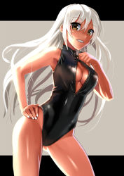 Rule 34 | 1girl, black one-piece swimsuit, breasts, brown eyes, cleavage, competition swimsuit, contrapposto, cowboy shot, formal, front zipper swimsuit, katahira masashi, long hair, looking at viewer, meme attire, nail polish, naughty face, one-piece swimsuit, open clothes, original, shiny clothes, shiny skin, silver hair, smile, solo, standing, suit, swimsuit, unzipped, very long hair, zipper