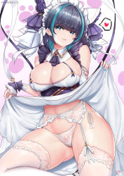 Rule 34 | 1girl, aqua eyes, azur lane, black hair, blush, breasts, cheshire (azur lane), cleavage, clothes lift, cyicheng, detached sleeves, dress, dress lift, frills, garter belt, garter straps, hairband, heart, large breasts, lifting own clothes, looking at viewer, maid headdress, multicolored hair, nail polish, navel, panties, puffy sleeves, ribbon, sitting, smile, solo, spoken heart, streaked hair, thighhighs, thighs, underwear, white panties, white thighhighs, wrist cuffs