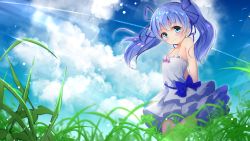 Rule 34 | 1girl, arms behind back, bare shoulders, blue bow, blue eyes, blue hair, blue ribbon, blue sky, blurry, blurry foreground, blush, bow, closed mouth, cloud, cloudy sky, commentary request, day, depth of field, dress, frilled dress, frills, grass, hair between eyes, hair ribbon, highres, long hair, nijisanji, outdoors, pink bow, ribbon, sky, sleeveless, sleeveless dress, smile, solo, standing, twintails, virtual youtuber, white dress, ymd (holudoun), yuuki chihiro