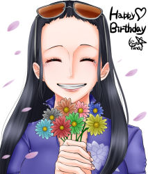 Rule 34 | 1girl, ^ ^, black hair, crying, closed eyes, eyewear on head, floral print, flower, forehead, grin, happy, happy birthday, happy tears, highres, holding, holding flower, jacket, leather vest, long hair, nico robin, one piece, petals, simple background, smile, solo, sunglasses, tears, white background