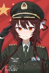 Rule 34 | 1girl, absurdres, artist name, breast pocket, breasts, brown hair, chinese commentary, closed mouth, collared shirt, commentary request, flag background, girls&#039; frontline, green hat, green jacket, green necktie, hair ribbon, hand up, hat, highres, jacket, looking at viewer, mechanical arms, military uniform, necktie, peaked cap, people&#039;s liberation army, people&#039;s republic of china flag, pocket, red eyes, ribbon, ribbon bar, salute, shirt, short hair with long locks, shoulder pads, simobulanka, single hair ring, single mechanical arm, smile, solo, type 79 (girls&#039; frontline), upper body, white ribbon, white shirt