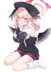 Rule 34 | 1girl, black headwear, black wings, blue archive, blush, breasts, full body, halo, head wings, highres, koharu (blue archive), looking at viewer, loose socks, neckerchief, one-piece swimsuit, open mouth, pink eyes, pink hair, red halo, red skirt, sasado serori, simple background, sitting, skirt, small breasts, socks, solo, swimsuit, swimsuit under clothes, thighs, undone neckerchief, wariza, white background, winged hat, wings