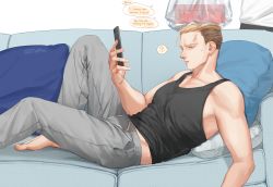 Rule 34 | 1boy, ?, anger vein, blonde hair, brown eyes, brown hair, couch, english text, feet out of frame, grey pants, hair strand, highres, holding, holding phone, lying, male focus, midriff peek, o3tofu, on back, on couch, pants, pectorals, phone, porco galliard, shingeki no kyojin, short hair, sidepec, solo focus, text messaging, toned, toned male