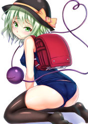 Rule 34 | 1girl, ass, backpack, bag, black thighhighs, blush, breasts, covered erect nipples, ebi 193, green eyes, green hair, hat, heart, heart of string, komeiji koishi, looking at viewer, matching hair/eyes, one-piece swimsuit, randoseru, school swimsuit, short hair, simple background, small breasts, solo, swimsuit, team shanghai alice, thighhighs, third eye, touhou, white background