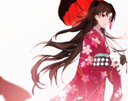 Rule 34 | 1girl, alternate costume, aonogura, black gloves, checkered sash, earrings, fate/grand order, fate (series), gloves, highres, ishtar (fate), ishtar (formal dress) (fate), japanese clothes, jewelry, kimono, obi, parasol, red eyes, sash, solo, two side up, umbrella