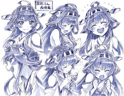 Rule 34 | 10s, 1girl, :d, :o, ^ ^, ahoge, bare shoulders, blue theme, character sheet, closed eyes, cup, detached sleeves, double bun, expressions, closed eyes, hair ornament, hairband, headgear, japanese clothes, kantai collection, kongou (kancolle), long hair, monochrome, multiple views, open mouth, personification, sakino shingetsu, sketch, smile, teacup