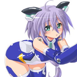 Rule 34 | 10s, 1girl, :o, ahoge, aqua eyes, bad id, bad pixiv id, bare shoulders, bent over, blue gloves, blue thighhighs, blush, breasts, busou shinki, cowboy shot, dd (ijigendd), doll joints, elbow gloves, from side, gloves, grey hair, hair between eyes, headgear, joints, leotard, long hair, looking at viewer, low-tied long hair, open mouth, outstretched arms, purple hair, simple background, solo, thighhighs, vervietta, very long hair, white background
