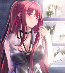Rule 34 | 1girl, 3 small spiders, absurdres, black one-piece swimsuit, blush, braid, breasts, cleavage, collarbone, competition swimsuit, french braid, girls&#039; frontline, hair ribbon, hand up, highres, long hair, looking at viewer, medium breasts, official alternate costume, one-piece swimsuit, open mouth, ponytail, purple eyes, purple hair, purple ribbon, rain, ribbon, shirt, smile, solo, swimsuit, swimsuit under clothes, upper body, wa2000 (girls&#039; frontline), wa2000 (op. manta ray) (girls&#039; frontline), wall, water drop, wet, wet clothes, wet shirt, white shirt, window