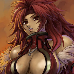 Rule 34 | 00s, 1girl, amazon warrior, armor, bad id, bad pixiv id, bare shoulders, breasts, center opening, cleavage, corset styled armor, halterneck, hamoto, headband, huge breasts, leather, leather armor, long hair, queen&#039;s blade, red eyes, red hair, risty (queen&#039;s blade), risty (queen's blade), solo, wilderness bandit risty