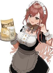 Rule 34 | ahoge, alternate costume, apron, arisugawa natsuha, black dress, bow, bowtie, breasts, brown eyes, brown hair, buttons, commentary, detached collar, dress, enmaided, eyebrows, eyelashes, frilled apron, frilled dress, frills, hair ornament, hand up, highres, holding, holding tray, idolmaster, idolmaster shiny colors, jar, large breasts, light blush, long hair, looking at viewer, maid, maid apron, maid headdress, open mouth, playing with own hair, shirt, short sleeves, simple background, smile, solo, tray, waist apron, whey protein powder, white background, white shirt, wrist cuffs, zocie