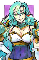 Rule 34 | 1girl, aqua hair, armor, bare shoulders, bow, breasts, chloe (fire emblem), cleavage, commentary, covered navel, elbow gloves, fire emblem, fire emblem engage, gloves, green eyes, hair bow, hand on own hip, highres, large breasts, long hair, looking at viewer, maeca art, nintendo, orange bow, shoulder armor, smile, solo, split mouth, upper body, very long hair, white gloves