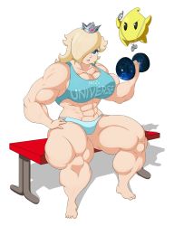 Rule 34 | 1girl, absurdres, barefoot, blonde hair, blue eyes, breasts, chetrippo, cleavage, coach, creature, crown, dumbbell, earrings, exercising, extreme muscles, floating, hair over one eye, highres, jewelry, luma (mario), mario (series), mini crown, muscular, nintendo, rosalina, sitting, stopwatch, super mario bros. 1, super mario galaxy, transparent background, watch, whistle