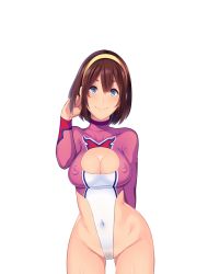 Rule 34 | 1girl, adjusting hair, athletic leotard, bare legs, blue eyes, blush, breasts, brown hair, butcha-u, cleavage, cleavage cutout, clothing cutout, covered navel, cowboy shot, covered erect nipples, eyebrows, eyelashes, female pubic hair, game cg, groin, hair between eyes, hairband, hip focus, kenzen! hentai seikatsu no susume, large breasts, legs, leotard, looking at viewer, maezono chinami, navel, original, pubic hair, see-through, short hair, smile, solo, standing, thighs, transparent background, yellow hairband
