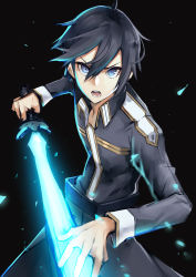 Rule 34 | 1boy, absurdres, belt, black background, black hair, blue eyes, glowing, glowing sword, glowing weapon, hair between eyes, highres, holding, holding sword, holding weapon, kirito, male focus, open mouth, solo, sword, sword art online, sword art online: alicization, teeth, tongue, vuxer, weapon