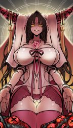 Rule 34 | 1girl, absurdres, backlighting, bare shoulders, black hair, breasts, chest tattoo, cleavage, collarbone, demon pillar (fate), facial mark, fate/extra, fate/extra ccc, fate/grand order, fate (series), forehead mark, ginseng (xin), glowing, gluteal fold, highres, horn ornament, horn ring, horns, huge filesize, large breasts, long hair, long sleeves, looking at viewer, navel, parted bangs, pink thighhighs, revealing clothes, sessyoin kiara, sideboob, smile, tattoo, tentacles, thighhighs, thighs, veil, wavy hair, wide sleeves, yellow eyes