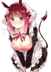 Rule 34 | 1girl, apron, bad id, bad twitter id, blush, bra, breasts, breasts out, cleavage, copyright request, demon tail, hair ribbon, hairband, heart, horns, ikeuchi tanuma, large breasts, leaning forward, looking at viewer, maid, pink bra, purple eyes, red hair, ribbon, short hair, simple background, solo, standing, tail, underwear, v arms, veil, waist apron, white background
