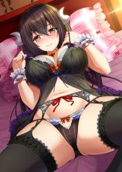 Rule 34 | 1girl, azur lane, babydoll, black babydoll, black hair, black panties, black thighhighs, blush, breasts, garter belt, hair between eyes, hands up, horns, jewelry, lace, lace-trimmed legwear, lace trim, large breasts, long hair, looking at viewer, lying, mikasa (azur lane), navel, necklace, on back, panties, shibata rai, smile, solo, spread legs, thighhighs, thighs, underwear, underwear only, wrist cuffs