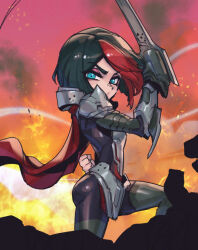 Rule 34 | 1girl, arm behind back, armor, black bodysuit, black hair, bodysuit, cape, commentary, explosion, fiora (league of legends), fire, green eyes, holding, holding weapon, league of legends, multicolored hair, noxus (league of legends), phantom ix row, red cape, red hair, short hair, shoulder plates, solo, symbol-only commentary, two-tone hair, weapon