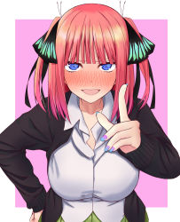 Rule 34 | 1girl, :d, arm up, black cardigan, black ribbon, blue eyes, blunt bangs, blush, breasts, butterfly hair ornament, cardigan, embarrassed, full-face blush, go-toubun no hanayome, green skirt, hair ornament, hand on own hip, highres, index finger raised, large breasts, looking at viewer, multicolored nails, nail polish, nakano nino, open cardigan, open clothes, open mouth, partially unbuttoned, pink hair, ribbon, shirt, simple background, skirt, sleeves past wrists, smile, twintails, u-ta, v-shaped eyebrows, white shirt