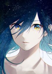 Rule 34 | 1boy, androgynous, bishounen, blue hair, chromatic aberration, close-up, closed mouth, collarbone, hair between eyes, highres, kazari tayu, long hair, looking at viewer, male focus, multicolored eyes, night, night sky, original, portrait, simple background, sky, solo, star (sky), starry sky, white background