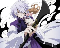 Rule 34 | 00s, 1boy, 1girl, boots, emily (pandora hearts), formal, hair over one eye, male focus, pandora hearts, red eyes, short hair, silver hair, smile, solo, weapon, white background, xerxes break