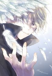 Rule 34 | 1boy, black jacket, facial tattoo, falling feathers, feathers, grey background, hair over one eye, hand up, high collar, highres, inumaki toge, jacket, jujutsu kaisen, looking at viewer, male focus, one eye covered, open hand, parted lips, purple eyes, rain, short hair, silver hair, solo, tattoo, twitter username, umigumo yuuna, upper body