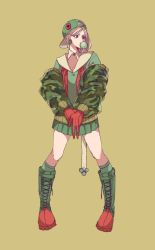 Rule 34 | baseball cap, blonde hair, boots, breasts, breloom, camouflage, camouflage jacket, chewing gum, cleavage, creatures (company), cross-laced footwear, earrings, game freak, gen 3 pokemon, gloves, green eyes, green footwear, green hat, green skirt, green socks, hat, highres, jacket, jewelry, kneehighs, medium hair, miniskirt, nintendo, personification, pokemon, red gloves, simple background, skirt, socks, solo, standing, wbr910, yellow background