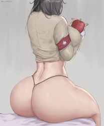 Rule 34 | 1girl, apple, ass, bed, black hair, breasts, food, from behind, fruit, highres, huge ass, large breasts, long hair, oroborus, pieck finger, shingeki no kyojin, shiny skin, sideboob, sitting, solo, thick thighs, thighs, thong
