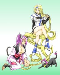 Rule 34 | 2girls, absurdly long hair, ahomira, animal ears, arc system works, baiken, blonde hair, blue eyes, bottomless, breasts, cat, cat ears, cleavage, elbow gloves, fingerless gloves, gloves, guilty gear, headband, japanese clothes, kimono, large breasts, long hair, millia rage, multiple girls, one-eyed, open clothes, open kimono, pink eyes, pink hair, ponytail, prehensile hair, scar, scar across eye, scar on face, smile, tattoo, very long hair, yoshida (pixiv771809)