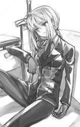 Rule 34 | 1girl, ahoge, artoria pendragon (all), artoria pendragon (fate), avalon (fate/stay night), creayus, excalibur (fate/stay night), fate/stay night, fate/zero, fate (series), formal, gloves, greyscale, long hair, monochrome, necktie, pant suit, pants, ponytail, saber (fate), sheath, sheathed, solo, suit, sword, weapon