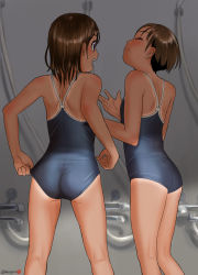 Rule 34 | 2girls, :d, adjusting clothes, adjusting swimsuit, ass, back, bare arms, bare legs, bare shoulders, blush, brown hair, closed mouth, competition school swimsuit, competition swimsuit, closed eyes, feet out of frame, female focus, from behind, head back, highres, legs, looking at another, mu-pyon, multiple girls, one-piece swimsuit, one-piece tan, open mouth, original, round teeth, school swimsuit, short hair, smile, standing, swimsuit, tan, tanline, teeth, upper teeth only