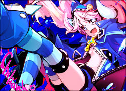 Rule 34 | 1girl, blue eyes, chiliarch (elsword), elsword, horns, icedango (dpopic3), luciela r. sourcream, pink hair, solo, striped, thighhighs