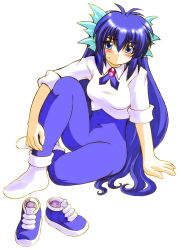 Rule 34 | 1girl, blue eyes, blue hair, blush, breasts, gomamiso (gomamiso sp), long hair, matching hair/eyes, medium breasts, miwajou, original, simple background, sitting, sleeves rolled up, solo, very long hair, white background
