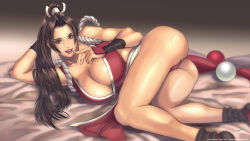 Rule 34 | 1girl, ass, bare shoulders, bed, breasts, brown hair, fatal fury, highres, large breasts, legs, lipstick, long hair, long legs, lying, makeup, on side, open mouth, pelvic curtain, pink eyes, revealing clothes, shiranui mai, smile, snk, socha (pixiv99744), solo, the king of fighters, thighs