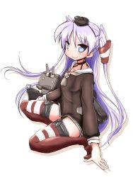 Rule 34 | 1girl, amatsukaze (kancolle), amatsukaze (kancolle) (cosplay), bad id, bad pixiv id, blue eyes, cosplay, garter straps, hat, highres, hiiragi kagami, kantai collection, long hair, lucky star, mizushima (p201112), multiple girls, rensouhou-chan, simple background, solo, striped clothes, striped thighhighs, thighhighs, twintails, two side up, very long hair