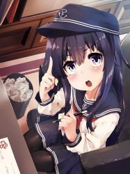 Rule 34 | akatsuki (kancolle), anchor symbol, black hair, black pantyhose, black sailor collar, black skirt, chair, commentary request, from above, hair between eyes, highres, indoors, kantai collection, long hair, looking at viewer, neckerchief, pantyhose, paper, pencil, pleated skirt, purple eyes, red neckerchief, sailor collar, school uniform, serafuku, sitting, skirt, solo, taisho (gumiyuki), trash can