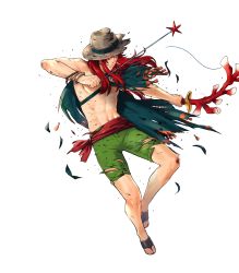 Rule 34 | 1boy, abs, bow (weapon), bracelet, cape, coral, fire emblem, fire emblem: the sacred stones, fire emblem heroes, full body, hat, highres, injury, jewelry, joshua (fire emblem), long hair, male focus, navel, nintendo, official art, red eyes, red hair, ring, sandals, topless male, solo, suekane kumiko, swimsuit, teeth, torn clothes, transparent background, weapon
