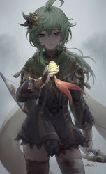 Rule 34 | 1girl, ahoge, artist name, bandages, blood, blood on face, bow (weapon), capelet, cloud, cloudy sky, collei (genshin impact), cowboy shot, crying, crying with eyes open, detached sleeves, earrings, furrowed brow, genshin impact, green capelet, green hair, hair ornament, highres, holding, holding bow (weapon), holding weapon, jewelry, long hair, looking at object, looking down, mool yueguang, outdoors, purple eyes, rain, single earring, sky, solo, tears, vision (genshin impact), wavy hair, weapon