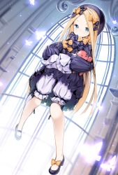 Rule 34 | 1girl, abigail williams (fate), black bow, black dress, black footwear, black hat, blonde hair, bloomers, blue eyes, blush, bow, bug, butterfly, chyanu, clothes lift, dress, dress lift, fate/grand order, fate (series), hair bow, hat, hugging object, insect, lifted by self, long hair, long sleeves, looking at viewer, mary janes, orange bow, parted bangs, shoes, sleeves past fingers, sleeves past wrists, solo, stuffed animal, stuffed toy, teddy bear, underwear, v-shaped eyebrows, very long hair, white bloomers, window