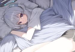 Rule 34 | 1girl, black shorts, blue archive, blunt bangs, closed mouth, commentary, dolphin shorts, halo, headgear, highres, huhi (huhi 1211), long hair, looking at viewer, lying, mechanical halo, noa (blue archive), on bed, on side, purple eyes, shirt, short sleeves, shorts, smile, solo, thighs, under covers, white hair, white halo, white shirt