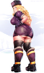 Rule 34 | 1girl, ass, black gloves, black thighhighs, blonde hair, blue eyes, boots, breasts, coat, eyebrows, eyelashes, from behind, fur hat, fur trim, gloves, hand on own hip, hat, highres, huge ass, keigi, kolin, large breasts, lips, long hair, looking back, mole, mole on ass, pantylines, snow, solo, source request, standing, street fighter, street fighter v, sweatdrop, thick thighs, thighhighs, thighs, ushanka, wavy hair, winter, winter clothes, winter coat, zettai ryouiki
