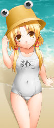 Rule 34 | 1girl, absurdres, arm up, beach, blonde hair, clothes writing, covered navel, female focus, gluteal fold, hair ribbon, hand on headwear, hat, henshako, highres, moriya suwako, navel, one-piece swimsuit, outdoors, ribbon, school swimsuit, sign, sitting, smile, solo, swimsuit, touhou, water, white school swimsuit, white one-piece swimsuit, yellow eyes