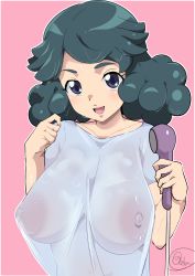 Rule 34 | 1girl, blue eyes, blush, breasts, green hair, highres, huge areolae, huge breasts, inazuma eleven (series), inazuma eleven ares no tenbin, large areolae, large breasts, nipples, open mouth, pink background, shirt, shower, simple background, solo, umihara norika, upper body, water, wet, wet clothes, wet hair, wet shirt