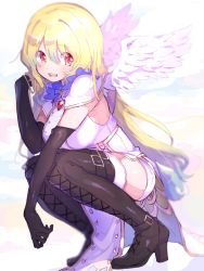 Rule 34 | 1girl, angel wings, armpit crease, belt, black belt, black footwear, black gloves, black thighhighs, blonde hair, blurry, boots, breasts, capelet, commentary, cross-laced clothes, cross-laced footwear, depth of field, dot nose, dress, elbow gloves, eyes visible through hair, facing viewer, feathered wings, frilled shirt collar, frills, full body, glint, gloves, gradient hair, green hair, hair between eyes, hair down, hand in own hair, hand up, happy, highres, kneeling, lace-up boots, large breasts, light smile, long dress, long hair, looking to the side, magia record: mahou shoujo madoka magica gaiden, mahou shoujo madoka magica, mini wings, multicolored background, multicolored hair, open mouth, paru rari, pelvic curtain, red eyes, shiny footwear, shiny skin, sideboob, simple background, skindentation, sleeveless, solo, soul gem, symbol-only commentary, teeth, thigh boots, thighhighs, thighhighs under boots, togame momoko, togame momoko (sister ver.), upper teeth only, very long hair, white background, white capelet, white dress, white thighhighs, white wings, wings, zettai ryouiki