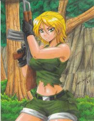Rule 34 | 1girl, 2021, ak-47, assault rifle, bare arms, bare shoulders, belt, black gloves, blonde hair, bush, cliff, cowboy shot, female focus, forest, gloves, green eyes, green shorts, green tank top, gun, highres, holding, holding gun, holding weapon, kalashnikov rifle, medium hair, metal slug, metal slug attack, midriff, nathalie neo, nature, navel, outdoors, ravernclouk design, rifle, shorts, snk, solo, standing, tank top, thick thighs, thighs, traditional media, tree, v-shaped eyebrows, weapon