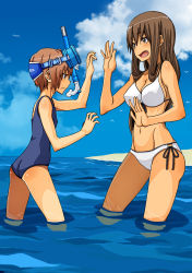 Rule 34 | 2girls, bare shoulders, beach, bikini, breasts, brown eyes, brown hair, casual one-piece swimsuit, cleavage, day, diving mask, diving mask on head, fang, flat chest, front-tie top, goggles, goggles on head, groin, highres, joy (joy-max), long hair, medium breasts, multiple girls, navel, one-piece swimsuit, open mouth, original, outdoors, short hair, side-tie bikini bottom, snorkel, swimsuit, tan, wading, water, wet, white bikini