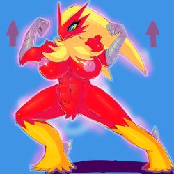 Rule 34 | 1girl, abs, arrow (projectile), beak, black border, blaziken, blonde hair, blue background, blue eyes, boiful, border, breasts, clenched hands, colored sclera, creatures (company), female focus, full body, furry, furry female, game freak, gameplay mechanics, gen 3 pokemon, hands up, huge breasts, legs apart, long hair, muscular, muscular female, navel, nintendo, nipples, nude, outline, pokemon, pokemon (creature), shadow, shiny skin, simple background, solo, standing, yellow sclera